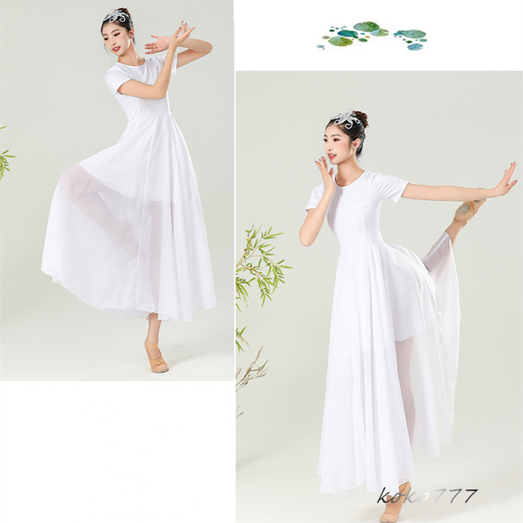 ワンピース レディース ロングドレス ダンスウエア 半袖 踊り 女子服 コスチューム 発表会 舞台衣装 シフォン モダンダンス 部活 練習着 無地 パーティー 