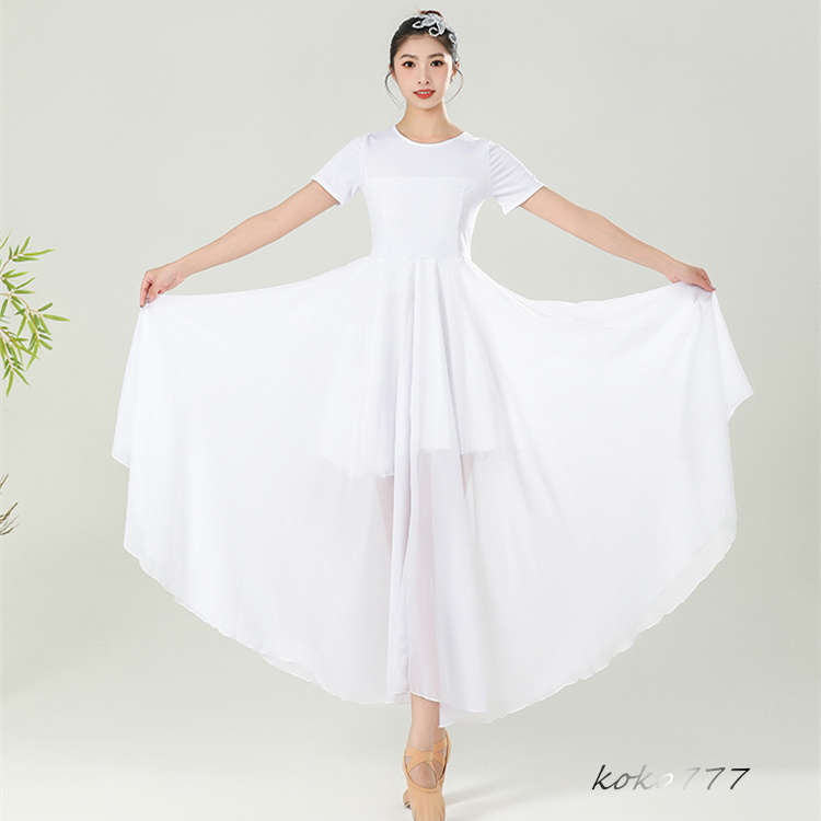 ワンピース レディース ロングドレス ダンスウエア 半袖 踊り 女子服 コスチューム 発表会 舞台衣装 シフォン モダンダンス 部活 練習着 無地 パーティー 