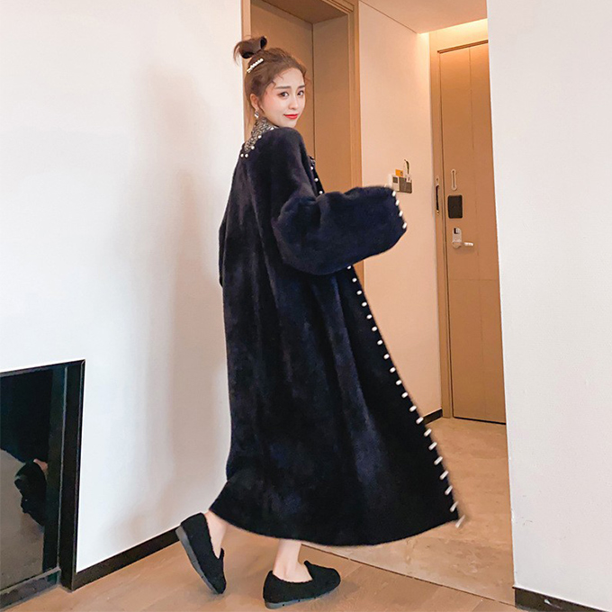 パール付きロングカーディガン ガウン ゆったり こなれ感 はおり シャギーニット ロングカーデ 