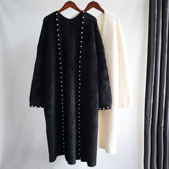 パール付きロングカーディガン ガウン ゆったり こなれ感 はおり シャギーニット ロングカーデ 