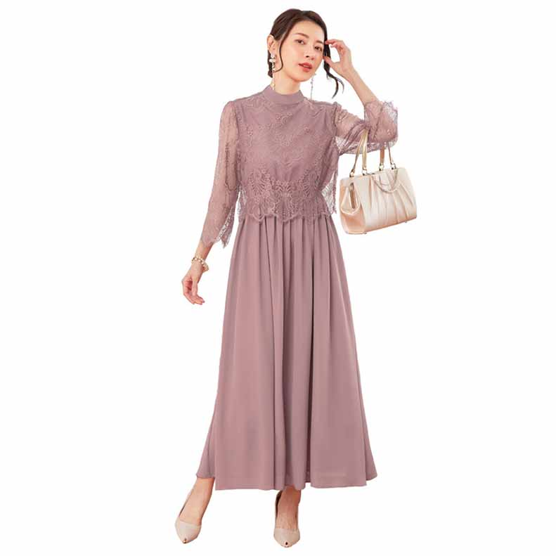 パーティードレス ロングワンピース総レース長袖ロング丈結婚式披露宴 二次会お呼ばれハイネックネイビーグリーン20代 30代 40代レディースフォーマル春夏秋冬  