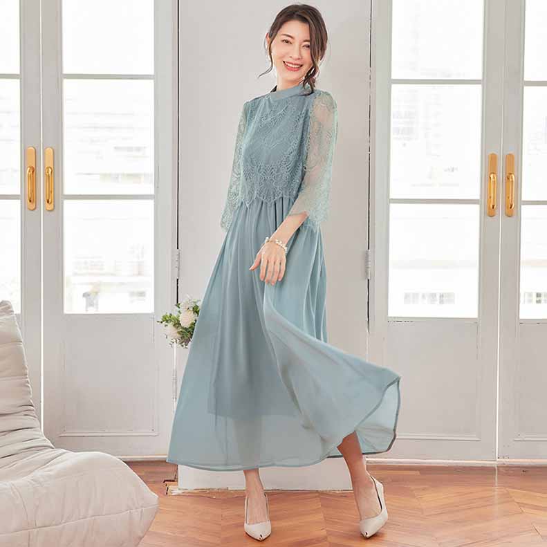 パーティードレス ロングワンピース総レース長袖ロング丈結婚式披露宴 二次会お呼ばれハイネックネイビーグリーン20代 30代 40代レディースフォーマル春夏秋冬  