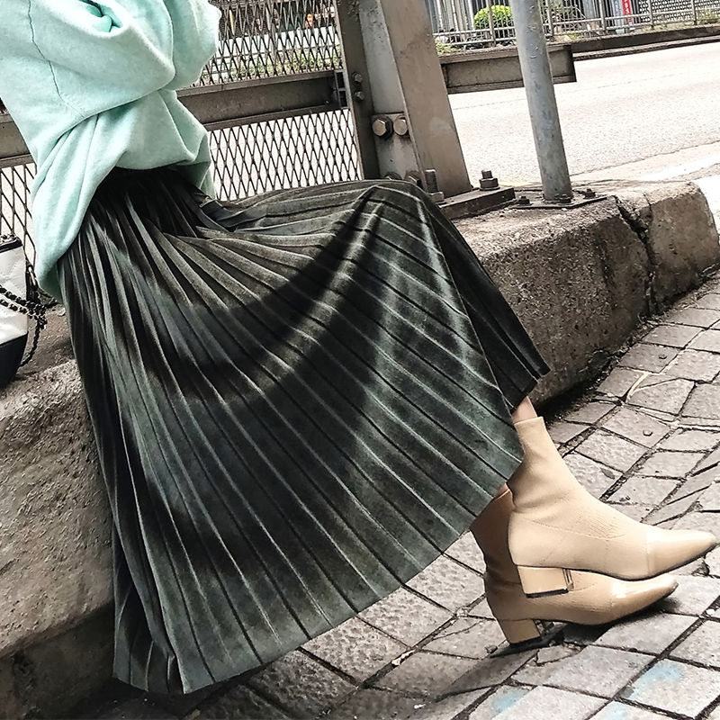 スカート プリーツスカート レディース ロングスカート ウエストゴム 光沢感 おでかけ 入学式 フォーマル 卒業式 入園式 通勤 卒園式 秋冬 