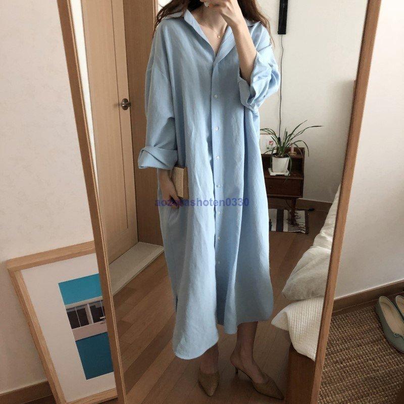 シャツワンピース ロングワンピース 春 レディース ワンピース 長袖 通勤 ロングシャツ 前開け カジュアル 無地 体型カバー 羽織り OL 韓国風 ゆったりお洒落 