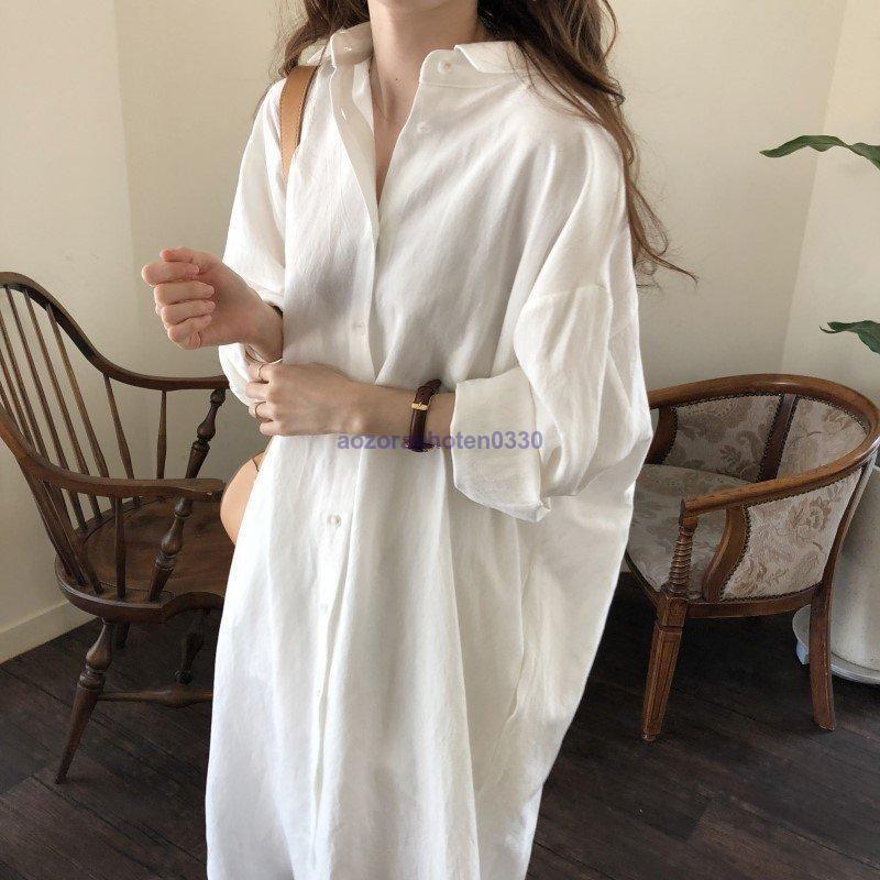 シャツワンピース ロングワンピース 春 レディース ワンピース 長袖 通勤 ロングシャツ 前開け カジュアル 無地 体型カバー 羽織り OL 韓国風 ゆったりお洒落 