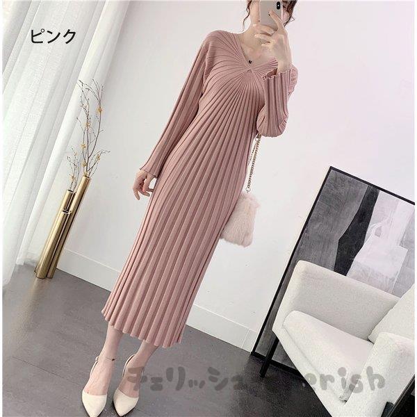 ニットワンピース レディース 秋 冬 30代 20代 新品 きれいめ ロング丈 長袖ワンピース カットソー 大きいサイズおしゃれ Vネック ニットセーター 着痩せ 上品 