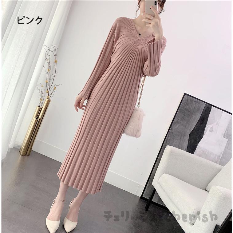 ニットワンピース レディース 秋 冬 30代 20代 新品 きれいめ ロング丈 長袖ワンピース カットソー 大きいサイズおしゃれ Vネック ニットセーター 着痩せ 上品 