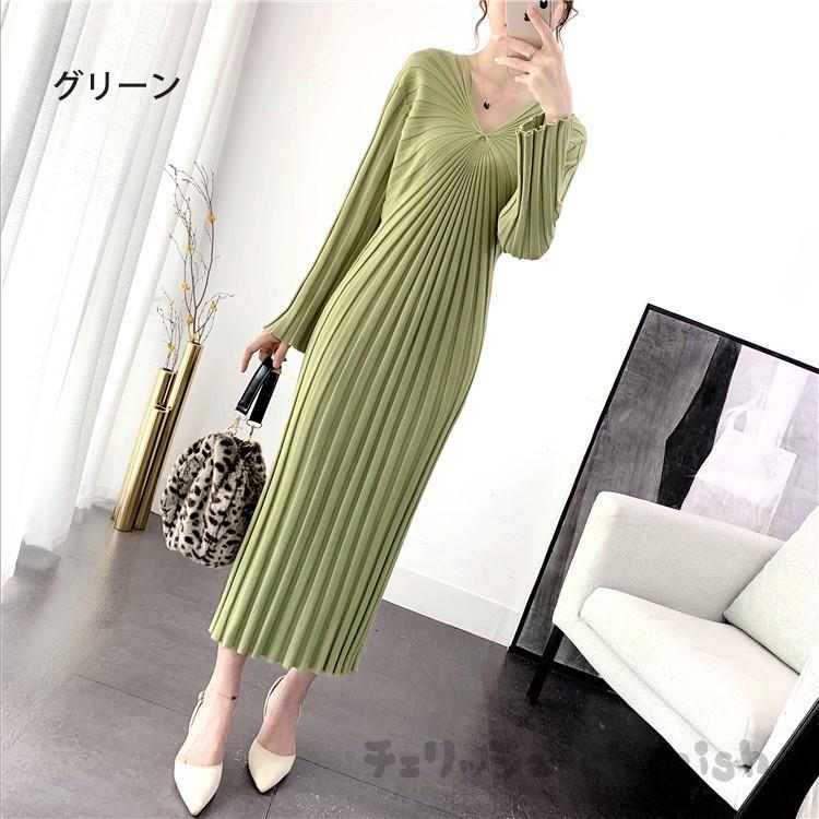 ニットワンピース レディース 秋 冬 30代 20代 新品 きれいめ ロング丈 長袖ワンピース カットソー 大きいサイズおしゃれ Vネック ニットセーター 着痩せ 上品 