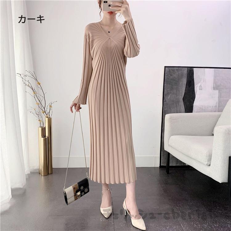 ニットワンピース レディース 秋 冬 30代 20代 新品 きれいめ ロング丈 長袖ワンピース カットソー 大きいサイズおしゃれ Vネック ニットセーター 着痩せ 上品 