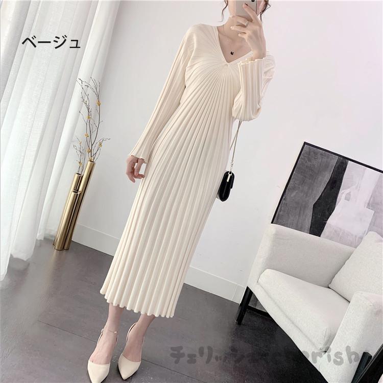 ニットワンピース レディース 秋 冬 30代 20代 新品 きれいめ ロング丈 長袖ワンピース カットソー 大きいサイズおしゃれ Vネック ニットセーター 着痩せ 上品 