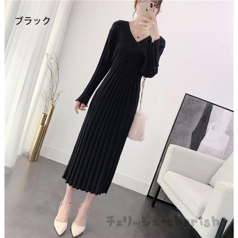 ニットワンピース レディース 秋 冬 30代 20代 新品 きれいめ ロング丈 長袖ワンピース カットソー 大きいサイズおしゃれ Vネック ニットセーター 着痩せ 上品 
