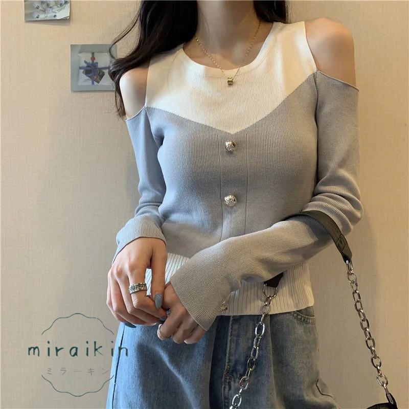 ニットトップス 長袖 リブニット 肩出し ボタンデザイン ドッキング オシャレ セクシー 綺麗 セーター おしゃれ オフショルダー 韓国ファッション 