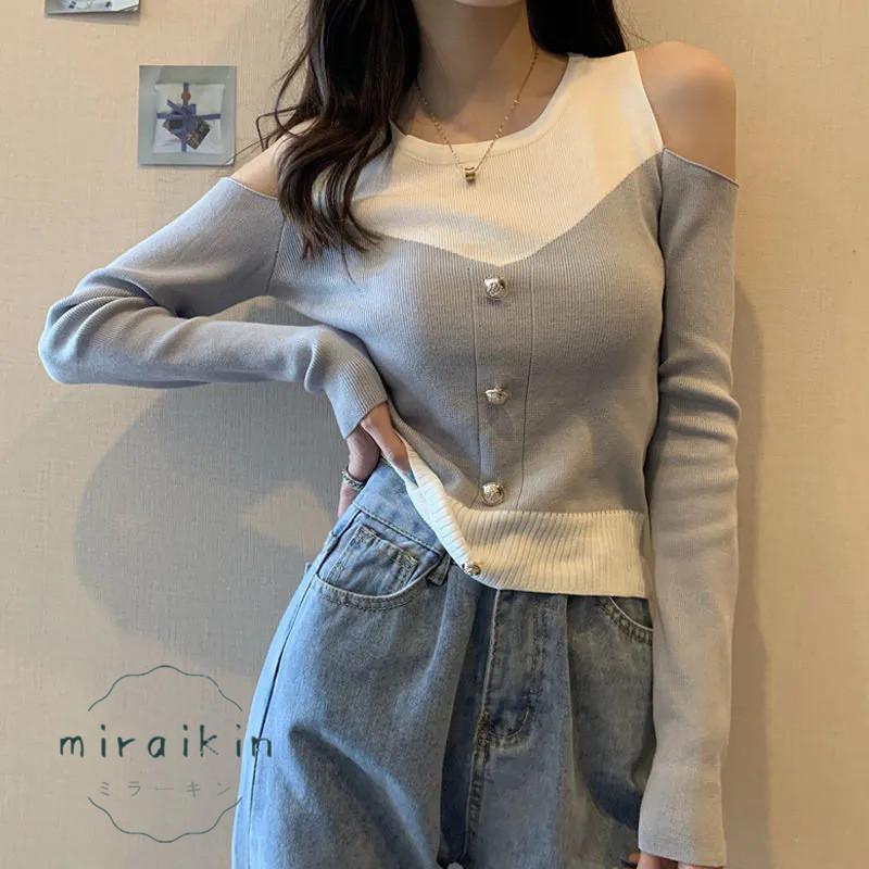 ニットトップス 長袖 リブニット 肩出し ボタンデザイン ドッキング オシャレ セクシー 綺麗 セーター おしゃれ オフショルダー 韓国ファッション 