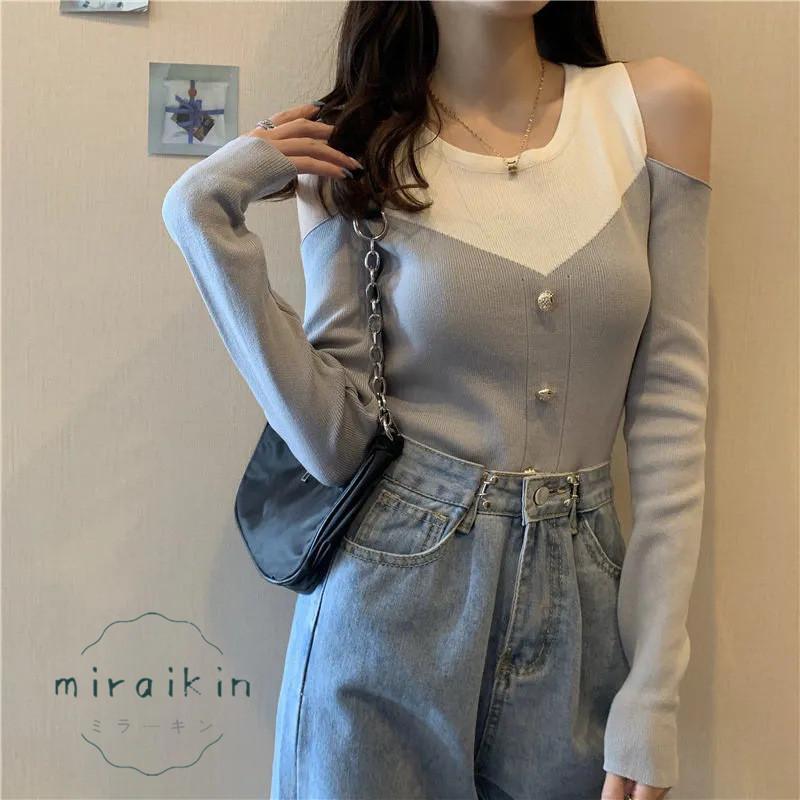 ニットトップス 長袖 リブニット 肩出し ボタンデザイン ドッキング オシャレ セクシー 綺麗 セーター おしゃれ オフショルダー 韓国ファッション 