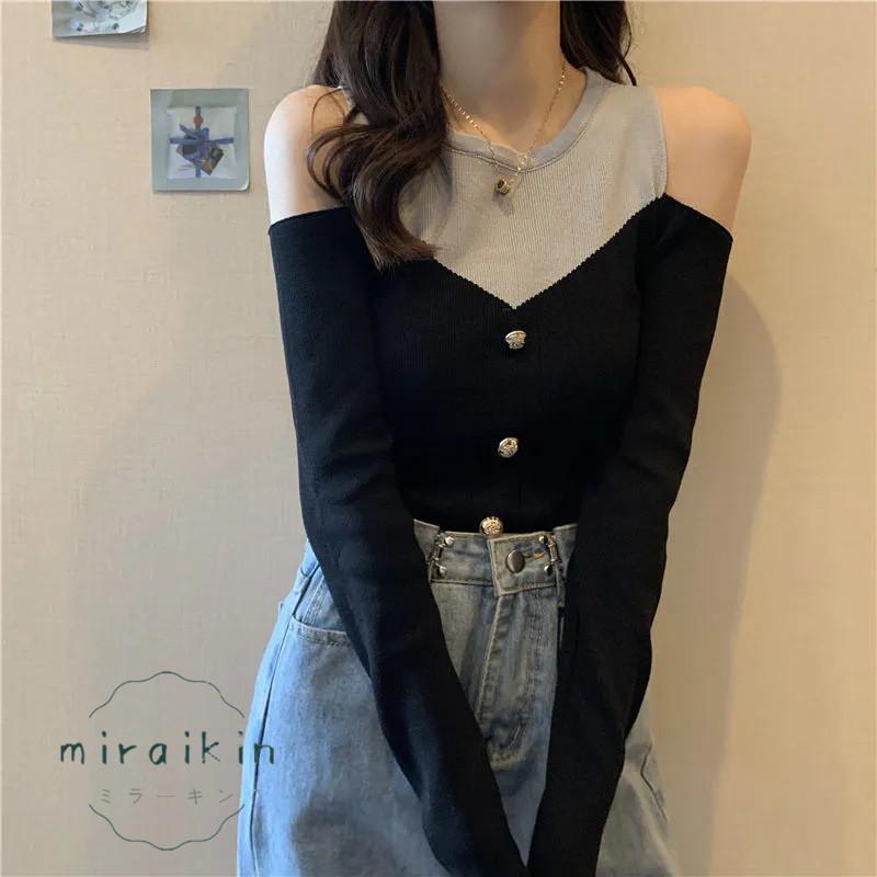 ニットトップス 長袖 リブニット 肩出し ボタンデザイン ドッキング オシャレ セクシー 綺麗 セーター おしゃれ オフショルダー 韓国ファッション 