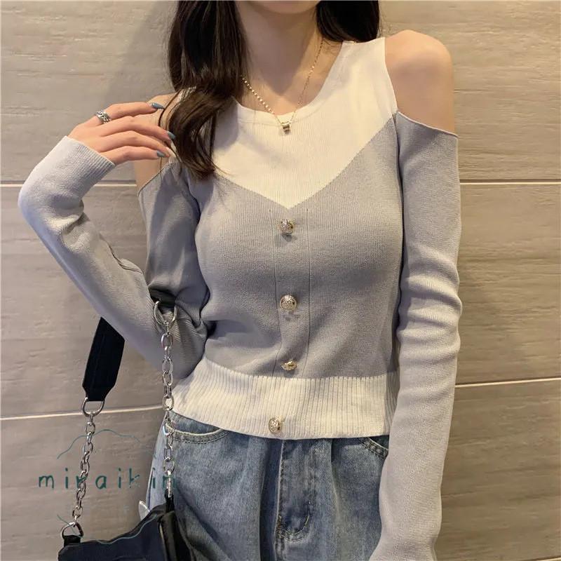 ニットトップス 長袖 リブニット 肩出し ボタンデザイン ドッキング オシャレ セクシー 綺麗 セーター おしゃれ オフショルダー 韓国ファッション 