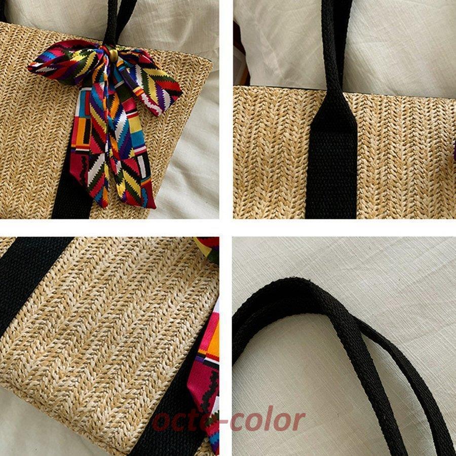 かごバッグ レディース スカーフ付き 大容量 トートバッグ 手提げバッグ ハンドバッグ 草編みバッグ リボン ストローバッグ 