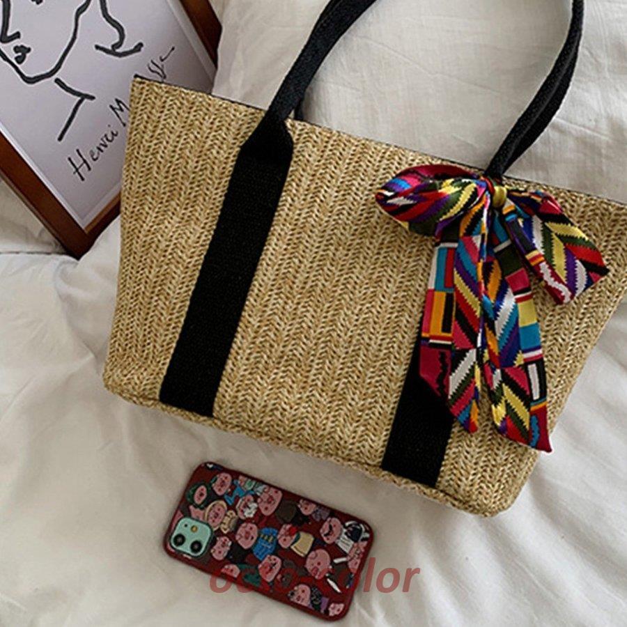 かごバッグ レディース スカーフ付き 大容量 トートバッグ 手提げバッグ ハンドバッグ 草編みバッグ リボン ストローバッグ 