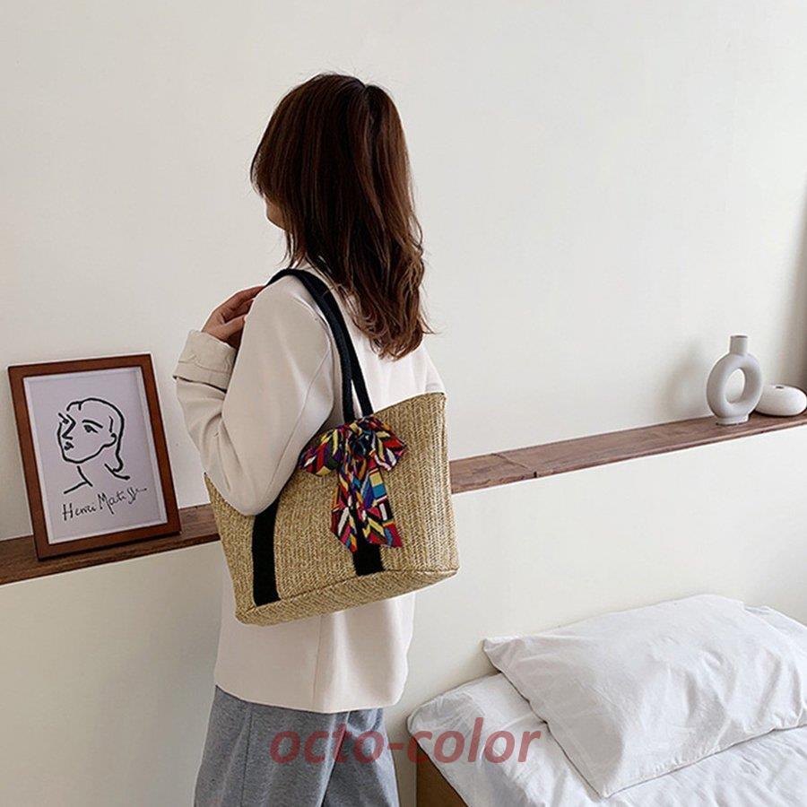かごバッグ レディース スカーフ付き 大容量 トートバッグ 手提げバッグ ハンドバッグ 草編みバッグ リボン ストローバッグ 