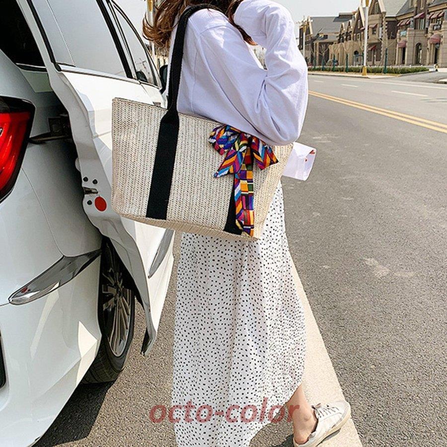 かごバッグ レディース スカーフ付き 大容量 トートバッグ 手提げバッグ ハンドバッグ 草編みバッグ リボン ストローバッグ 