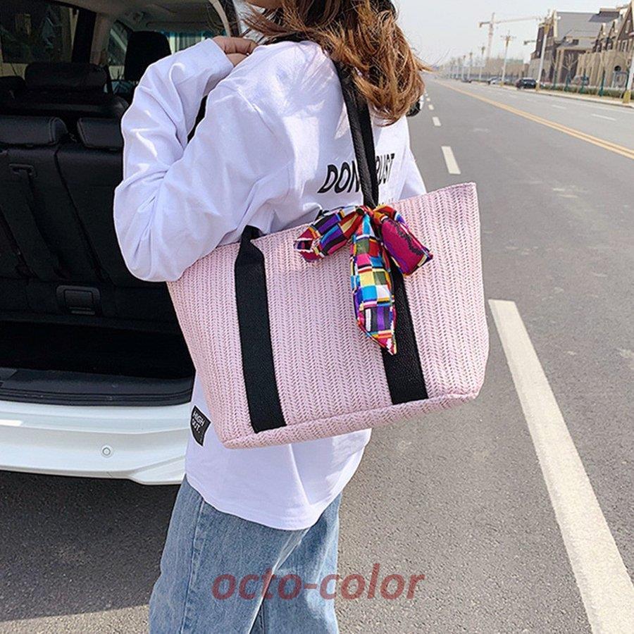 かごバッグ レディース スカーフ付き 大容量 トートバッグ 手提げバッグ ハンドバッグ 草編みバッグ リボン ストローバッグ 