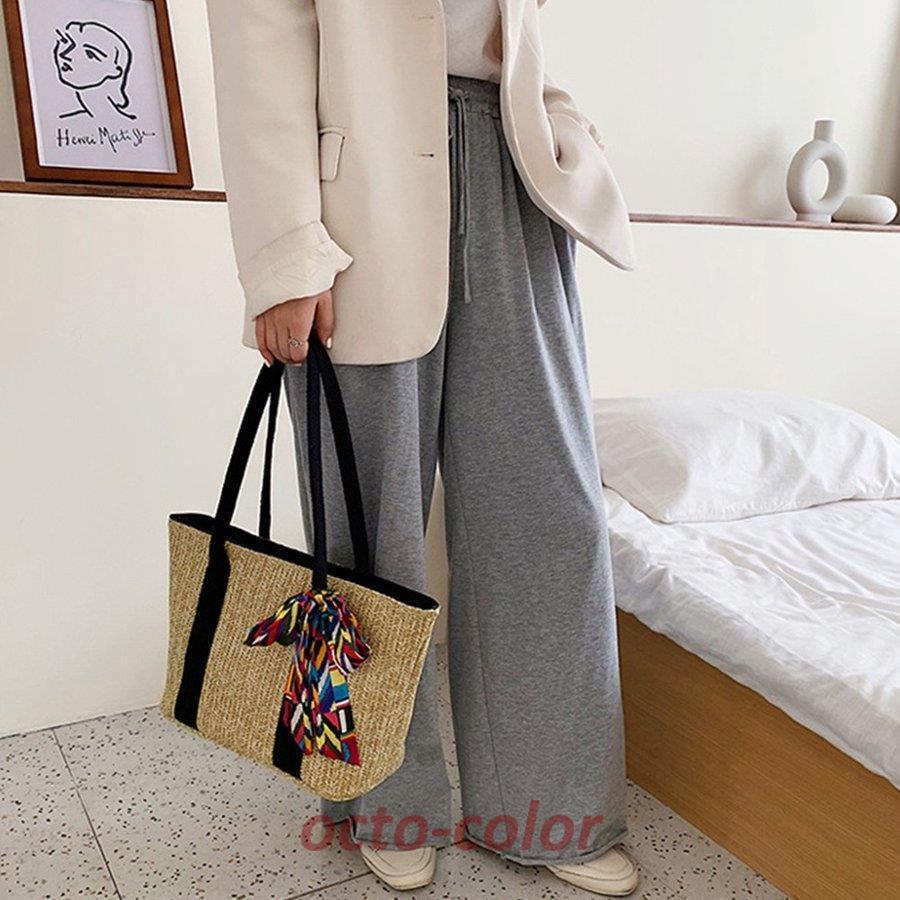 かごバッグ レディース スカーフ付き 大容量 トートバッグ 手提げバッグ ハンドバッグ 草編みバッグ リボン ストローバッグ 