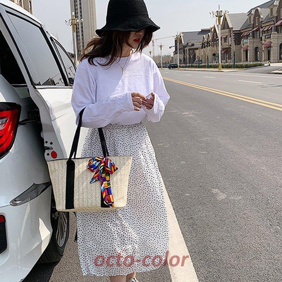 かごバッグ レディース スカーフ付き 大容量 トートバッグ 手提げバッグ ハンドバッグ 草編みバッグ リボン ストローバッグ 