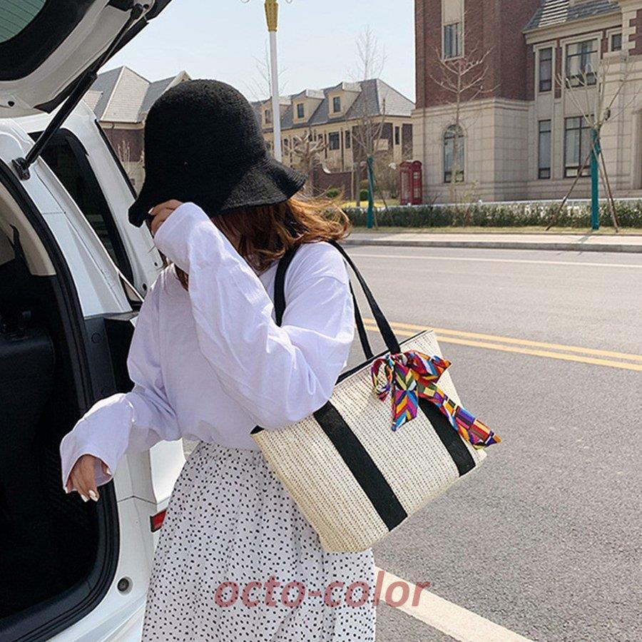 かごバッグ レディース スカーフ付き 大容量 トートバッグ 手提げバッグ ハンドバッグ 草編みバッグ リボン ストローバッグ 