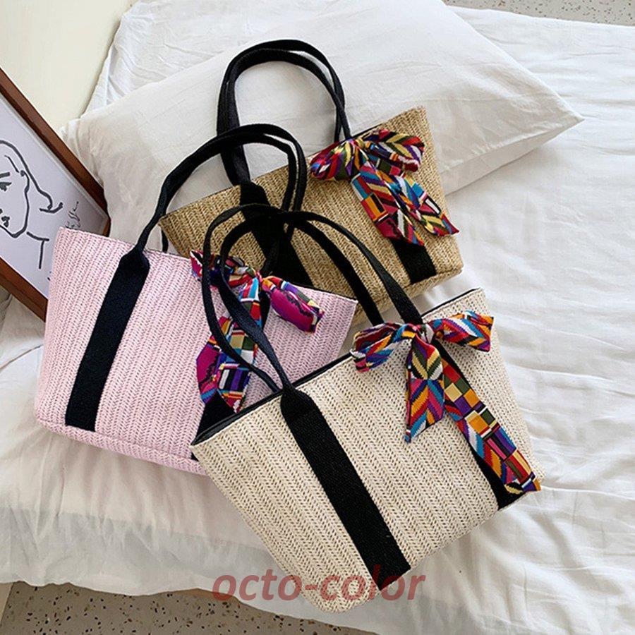 かごバッグ レディース スカーフ付き 大容量 トートバッグ 手提げバッグ ハンドバッグ 草編みバッグ リボン ストローバッグ 