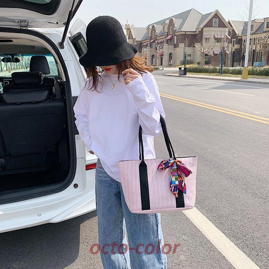 かごバッグ レディース スカーフ付き 大容量 トートバッグ 手提げバッグ ハンドバッグ 草編みバッグ リボン ストローバッグ 