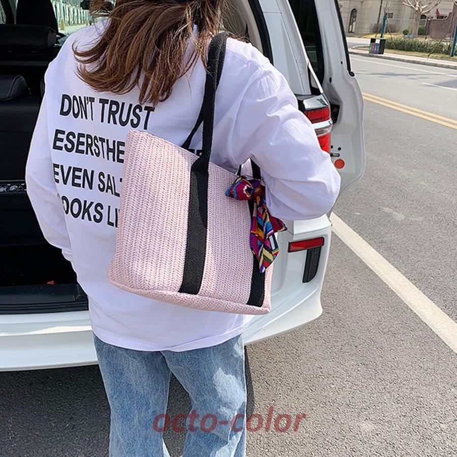 かごバッグ レディース スカーフ付き 大容量 トートバッグ 手提げバッグ ハンドバッグ 草編みバッグ リボン ストローバッグ 