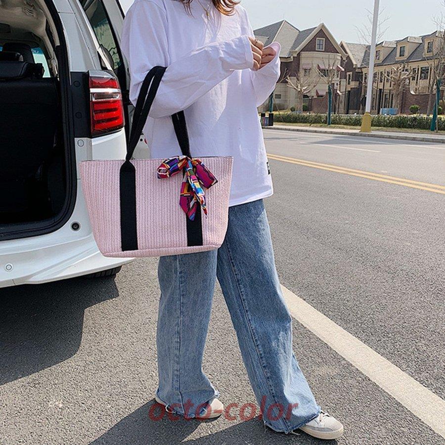 かごバッグ レディース スカーフ付き 大容量 トートバッグ 手提げバッグ ハンドバッグ 草編みバッグ リボン ストローバッグ 