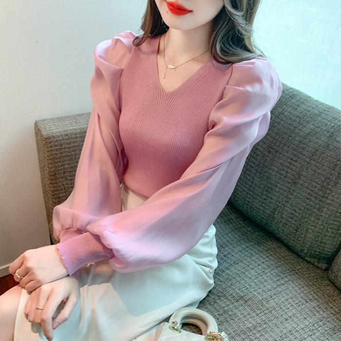 ニットブラウス トップス パフスリーブ レディース 長袖シャツ シンプル 大人 キレイめ カジュアル Vネック 