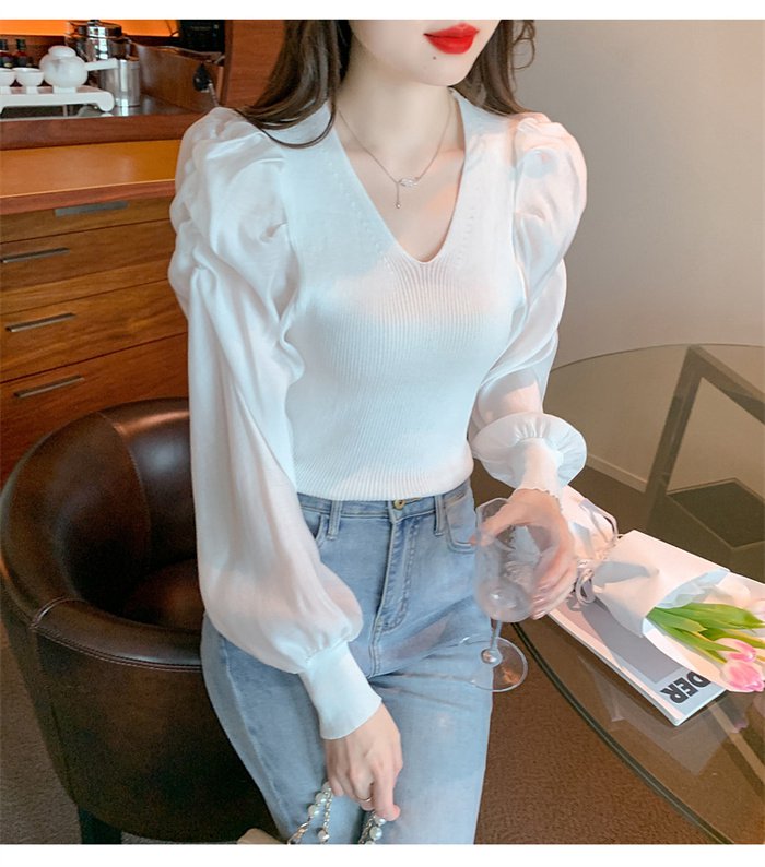 ニットブラウス トップス パフスリーブ レディース 長袖シャツ シンプル 大人 キレイめ カジュアル Vネック 