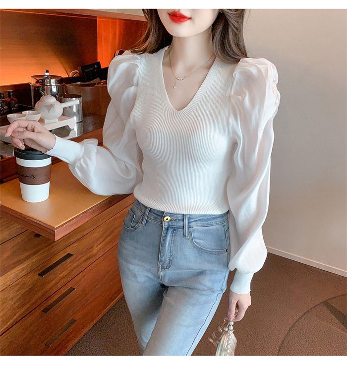ニットブラウス トップス パフスリーブ レディース 長袖シャツ シンプル 大人 キレイめ カジュアル Vネック 