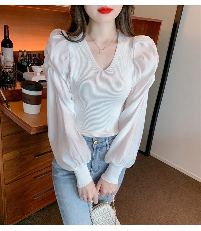 ニットブラウス トップス パフスリーブ レディース 長袖シャツ シンプル 大人 キレイめ カジュアル Vネック 