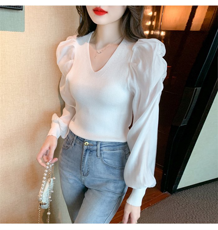 ニットブラウス トップス パフスリーブ レディース 長袖シャツ シンプル 大人 キレイめ カジュアル Vネック 