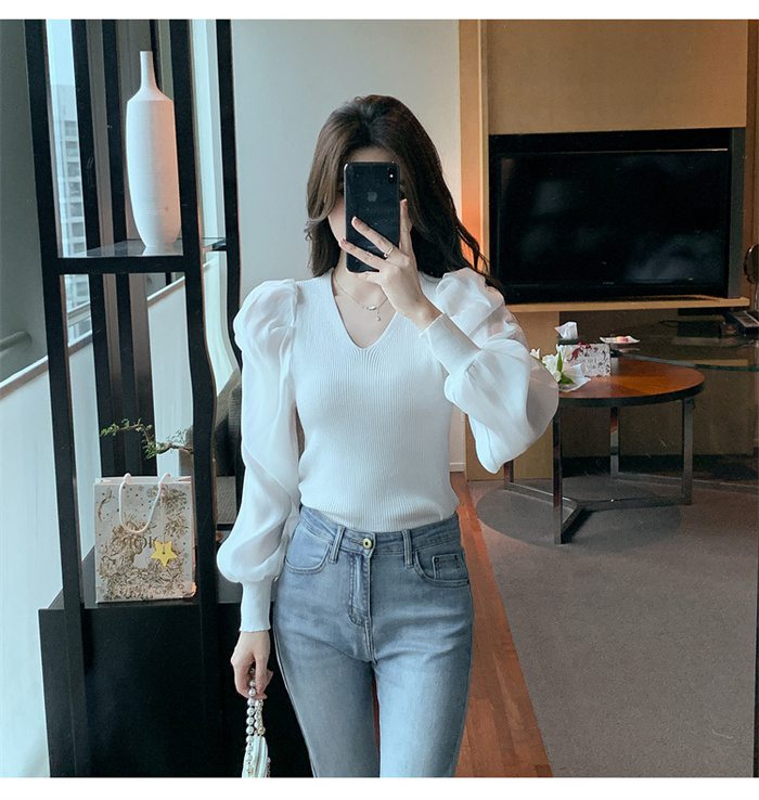 ニットブラウス トップス パフスリーブ レディース 長袖シャツ シンプル 大人 キレイめ カジュアル Vネック 