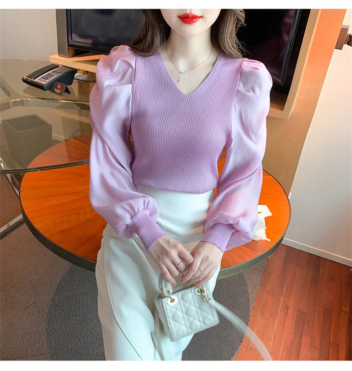 ニットブラウス トップス パフスリーブ レディース 長袖シャツ シンプル 大人 キレイめ カジュアル Vネック 