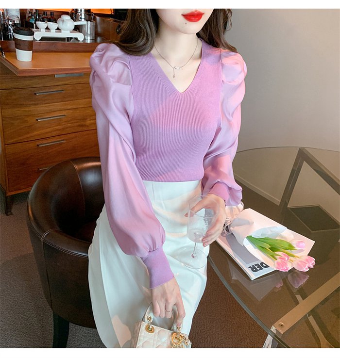 ニットブラウス トップス パフスリーブ レディース 長袖シャツ シンプル 大人 キレイめ カジュアル Vネック 