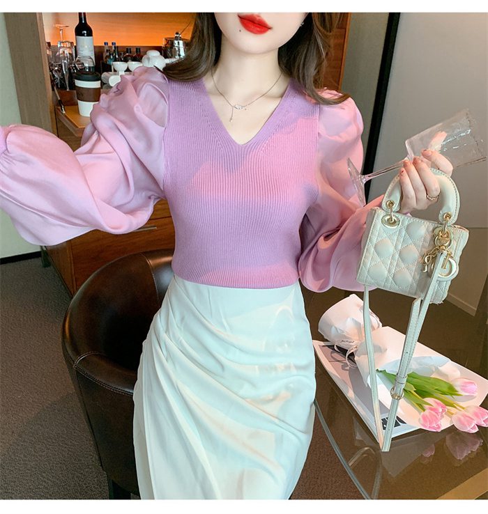 ニットブラウス トップス パフスリーブ レディース 長袖シャツ シンプル 大人 キレイめ カジュアル Vネック 