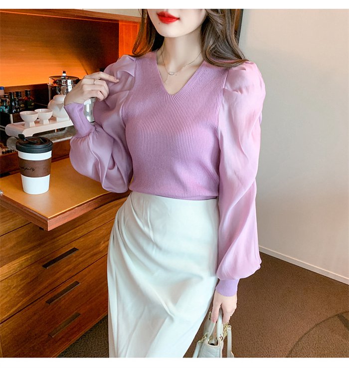 ニットブラウス トップス パフスリーブ レディース 長袖シャツ シンプル 大人 キレイめ カジュアル Vネック 