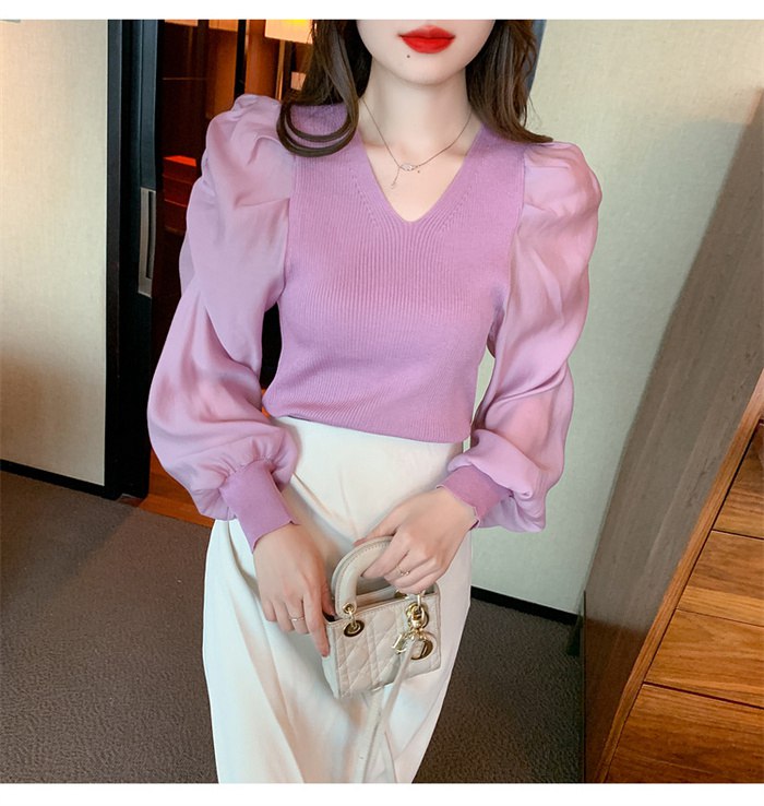ニットブラウス トップス パフスリーブ レディース 長袖シャツ シンプル 大人 キレイめ カジュアル Vネック 