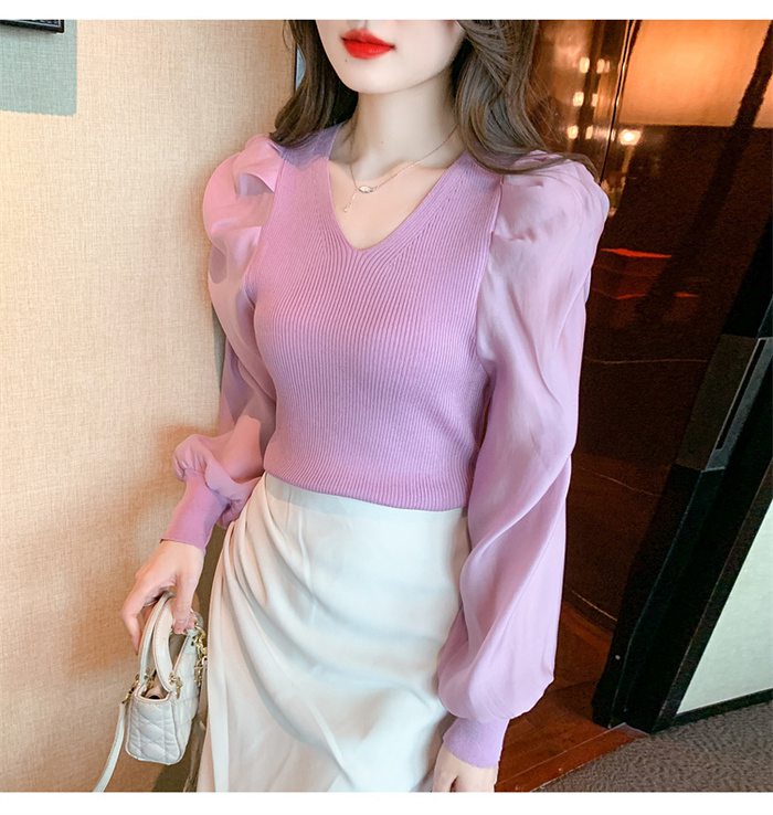 ニットブラウス トップス パフスリーブ レディース 長袖シャツ シンプル 大人 キレイめ カジュアル Vネック 