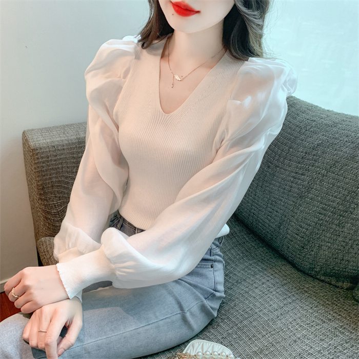 ニットブラウス トップス パフスリーブ レディース 長袖シャツ シンプル 大人 キレイめ カジュアル Vネック 