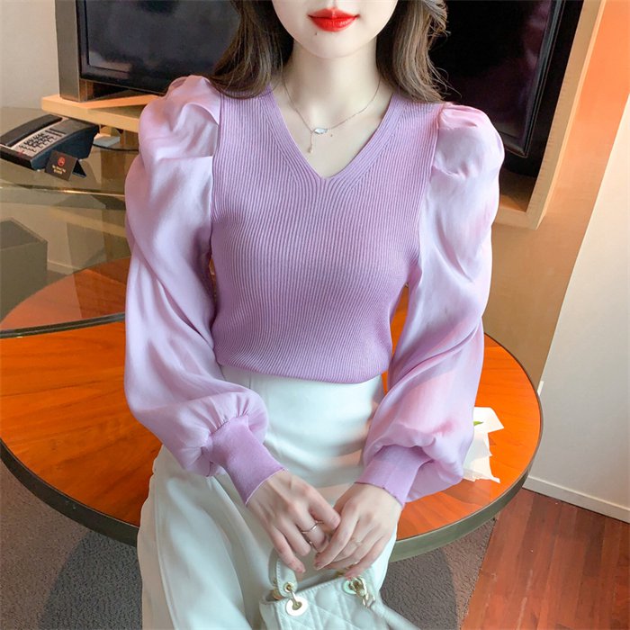 ニットブラウス トップス パフスリーブ レディース 長袖シャツ シンプル 大人 キレイめ カジュアル Vネック 