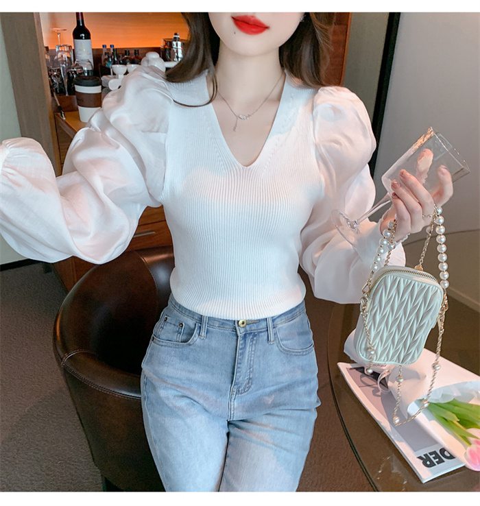 ニットブラウス トップス パフスリーブ レディース 長袖シャツ シンプル 大人 キレイめ カジュアル Vネック 