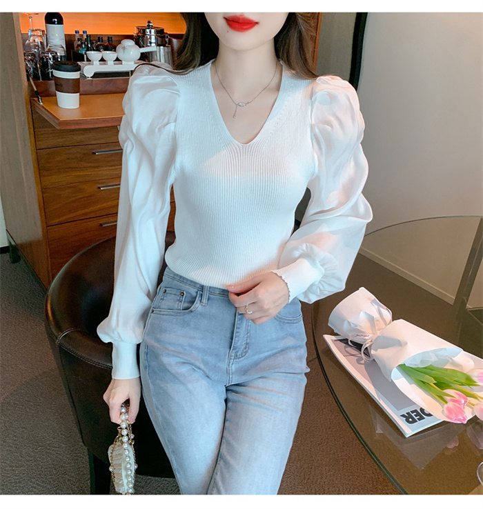 ニットブラウス トップス パフスリーブ レディース 長袖シャツ シンプル 大人 キレイめ カジュアル Vネック 