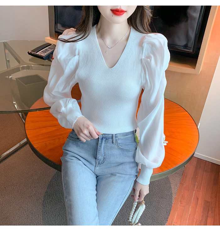 ニットブラウス トップス パフスリーブ レディース 長袖シャツ シンプル 大人 キレイめ カジュアル Vネック 