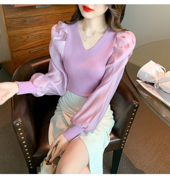 ニットブラウス トップス パフスリーブ レディース 長袖シャツ シンプル 大人 キレイめ カジュアル Vネック 